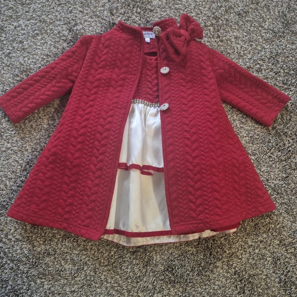 Elegant Red Christmas Infant Coat And Dress with Bow Detail